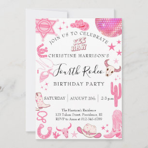 Pink Fourth Rodeo Girl 4th Birthday  Invitation