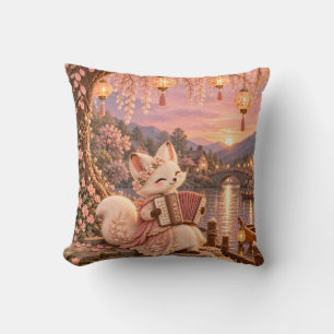 Pink Fox Accordion Riverside Serenade Throw Pillow