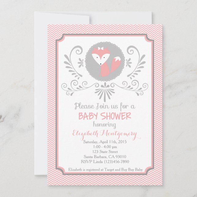 Pink fox baby shower invitation (Front)