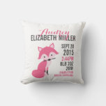 Pink Fox Birth Announcement Nursery Pillow at Zazzle
