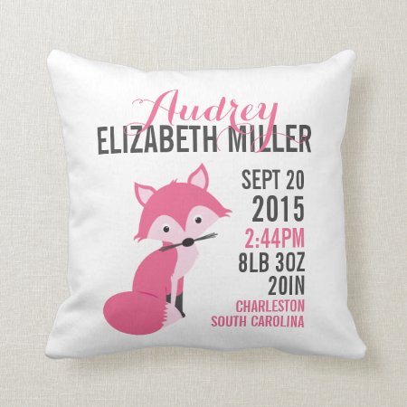 Pink Fox Birth Announcement Nursery Pillow