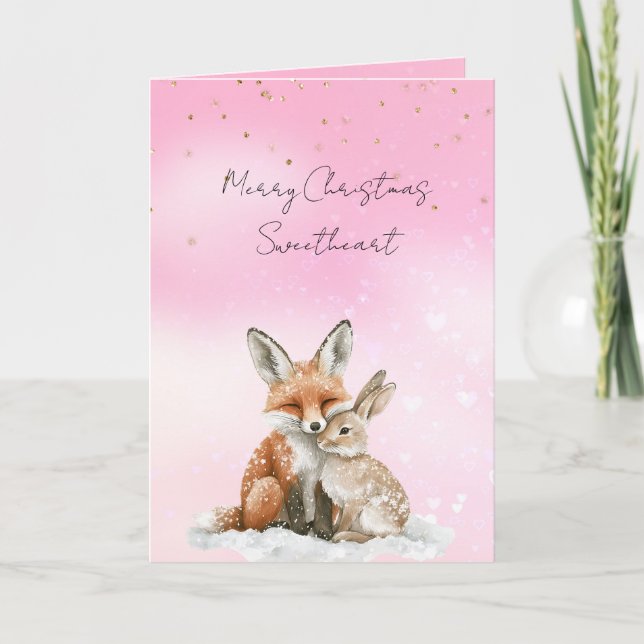 Pink Fox Bunny Love Glitter Sweetheart Christmas Card (Front)