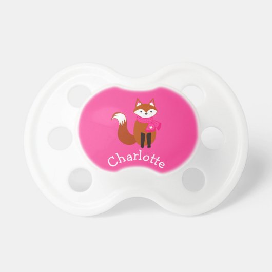 Pink Fox Cute Pink Scarf Personalized Baby Pacifier (Front)