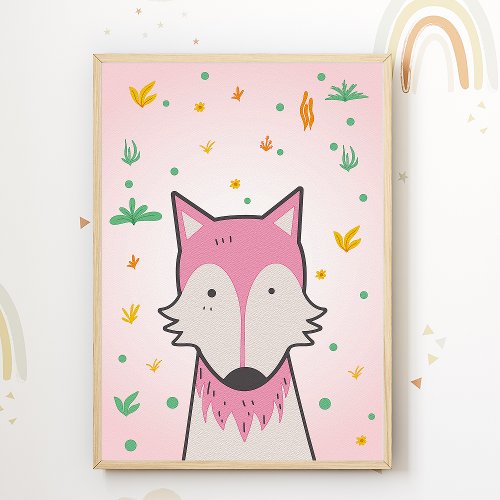 Pink Fox Kids Room Poster Animal Nursery Print