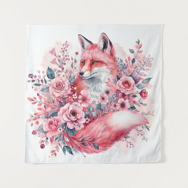 Pink Fox Watercolor Floral Art Tapestry (Front)