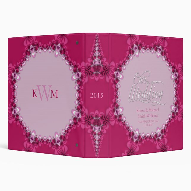 Pink Fractal Lace Monogram Wedding Album Binder (Background)