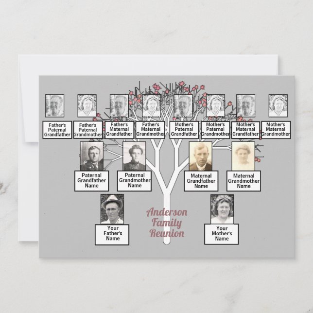 Pink Fractal Tree 3 Generation Family Reunion Gray Invitation (Front)