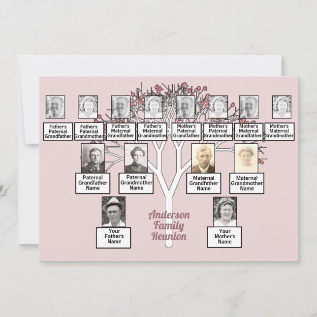 Pink Fractal Tree 3 Generation Family Reunion Invitation (Front)