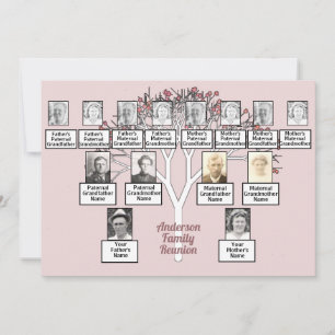 Pink Fractal Tree 3 Generation Family Reunion Invitation