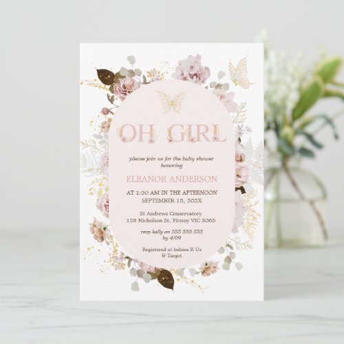 Pink Frame Boho Floral Oh Girl baby Shower Invitation