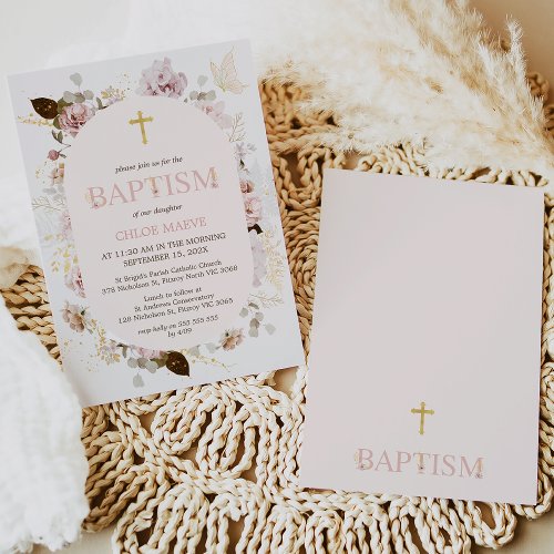 Pink Frame Girls Boho Floral Baptism Christening Invitation