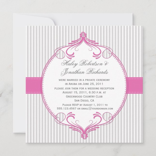 Pink Frame Gray White Stripes Wedding Invitation (Front)