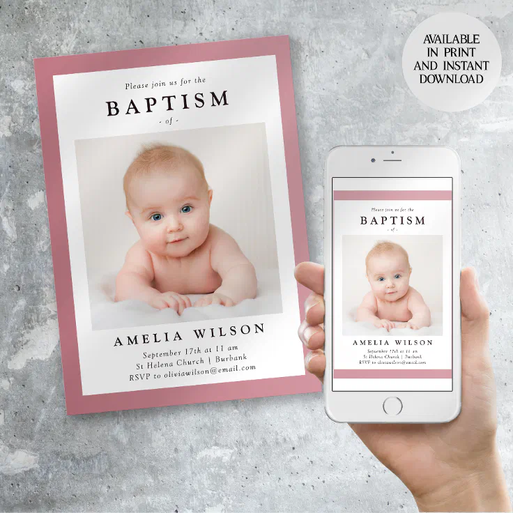 Pink Frame Simple Baptism Invitation Zazzle