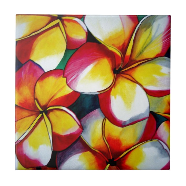 Pink Frangipani flower tile by Sacha Grossel Art (Front)