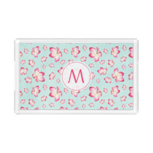 Pink Frangipani Monogram Aqua Acrylic Tray