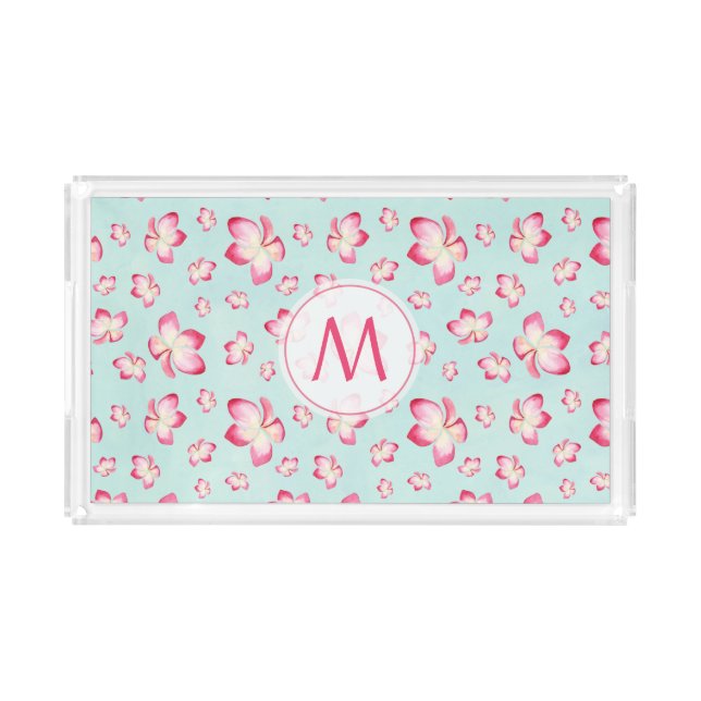 Pink Frangipani Monogram Aqua Acrylic Tray (Front)