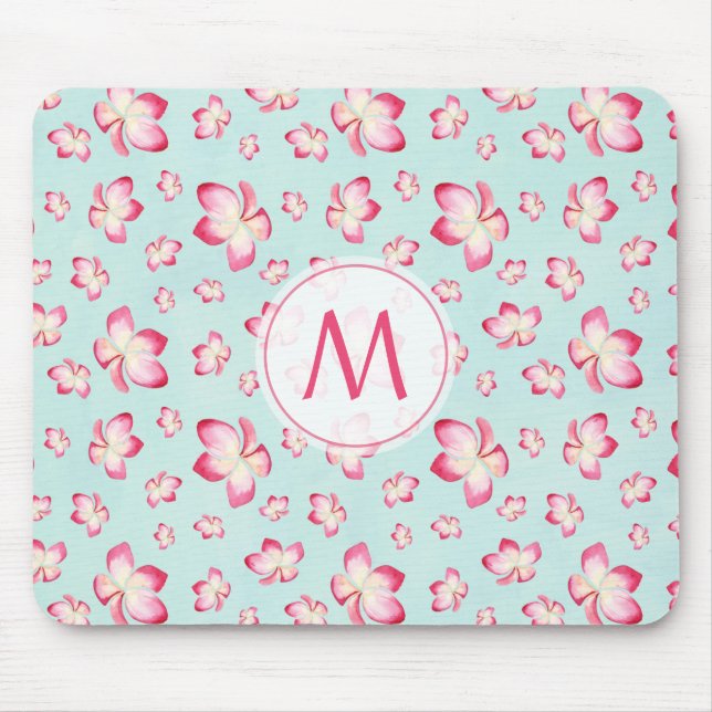 Pink Frangipani Monogram Aqua Mouse Pad (Front)