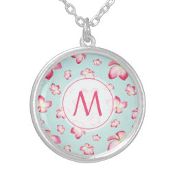 Pink Frangipani Monogram Aqua Silver Plated Necklace