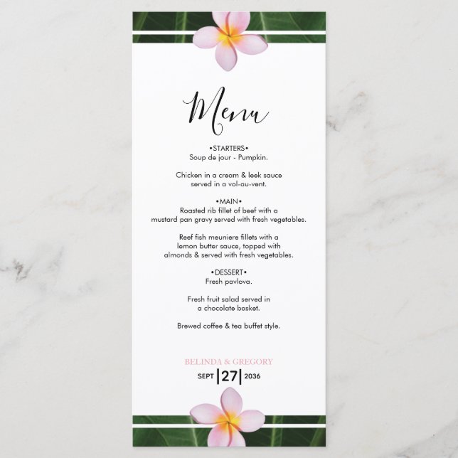 Pink Frangipani Plumeria Wedding  Menu (Front)