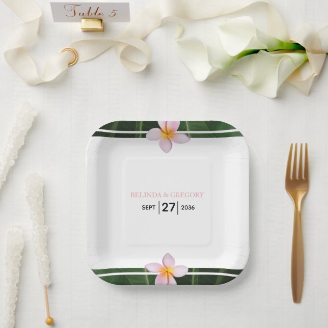 Pink Frangipani Plumeria Wedding  Paper Plates (Wedding)