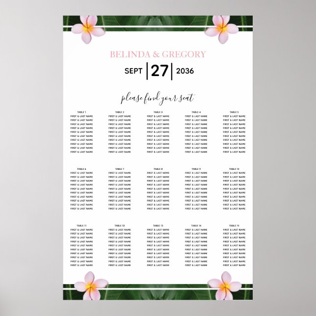 Pink Frangipani Plumeria Wedding Seating Chart (Front)