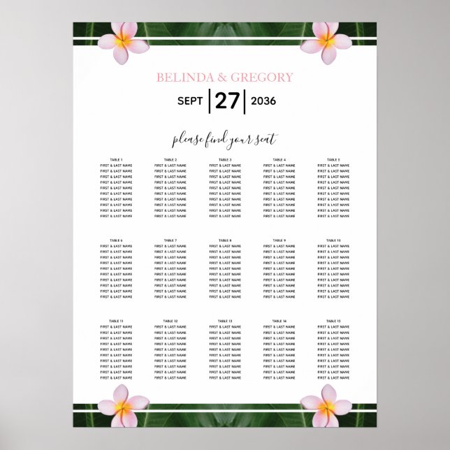 Pink Frangipani Plumeria Wedding Seating Chart (Front)