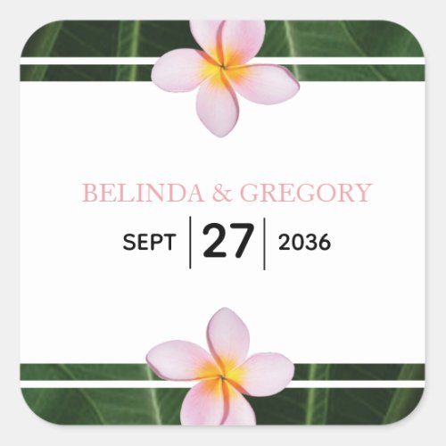 Pink Frangipani Plumeria Wedding  Square Sticker