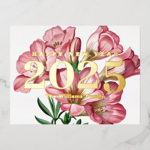 Pink Freesia Flower Happy New Year 2026 Gold Foil Holiday Postcard