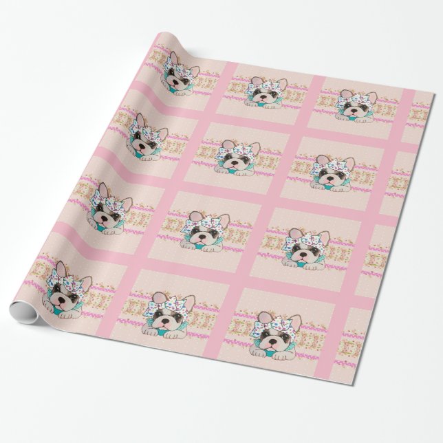 Pink French Bulldog Wrapping Paper (Unrolled)