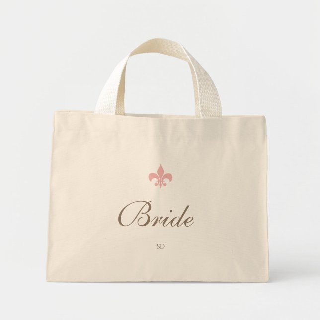 Pink French Fleur de Lis Bride Initial Monogram Mini Tote Bag (Front)