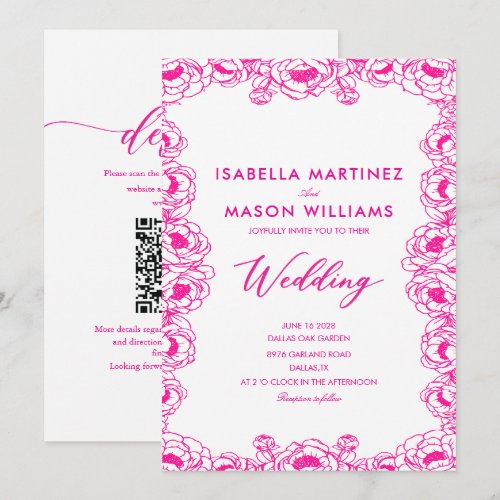 pink French flowers minimal classic wedding  Invitation