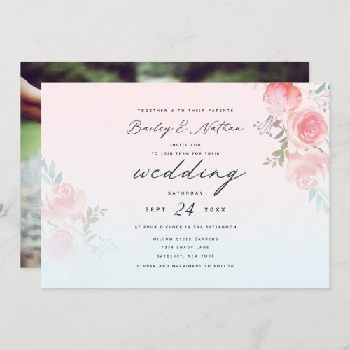 Pink French Garden Floral Peony Bouquets Wedding Invitation