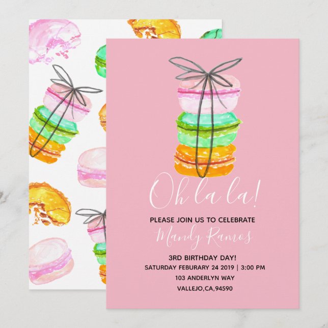 Pink french macaron birthday party invitation (Front/Back)