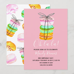 Pink french macaron birthday party invitation