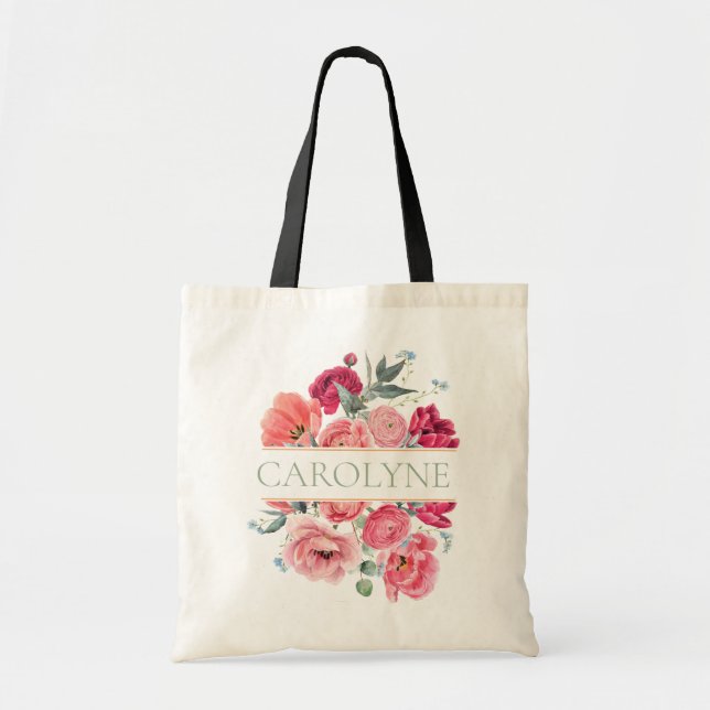 Pink French Peonies Floral Bridesmaid Monogram Tote Bag (Front)