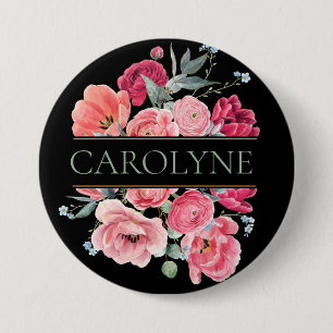 Pink French Peonies Floral Monogram Button