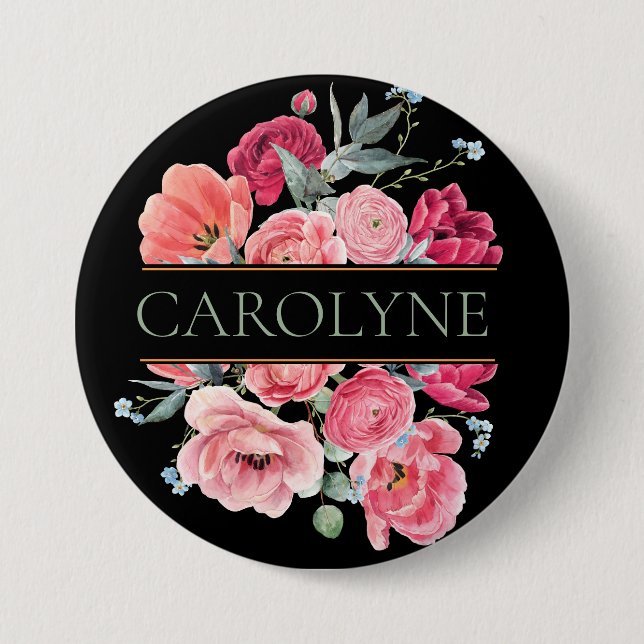 Pink French Peonies Floral Monogram Button (Front)