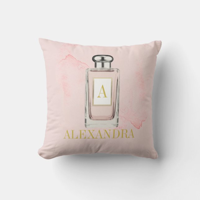 Pink French Perfume Bottle Chic Monogram Personal Throw Pillow (Front)