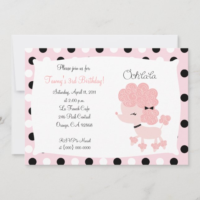 PINK FRENCH POODLE Ooh la la 5x7 Birthday Invitation (Front)