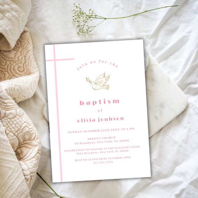 Pink French Simple Bird Christening Girl Baptism  Invitation (Pink French Simple Bird Christening Girl Baptism Invitation)