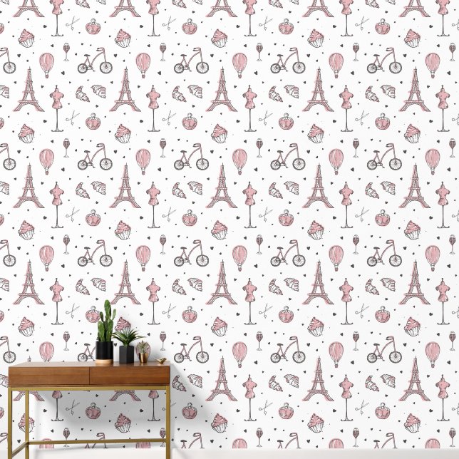 Pink French Symbols Eiffel Tower Wall Covering  (Hallway)