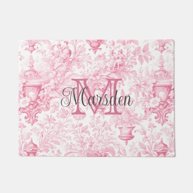 Pink French Toile de Jouy Monogram Initial Name Doormat (Front)