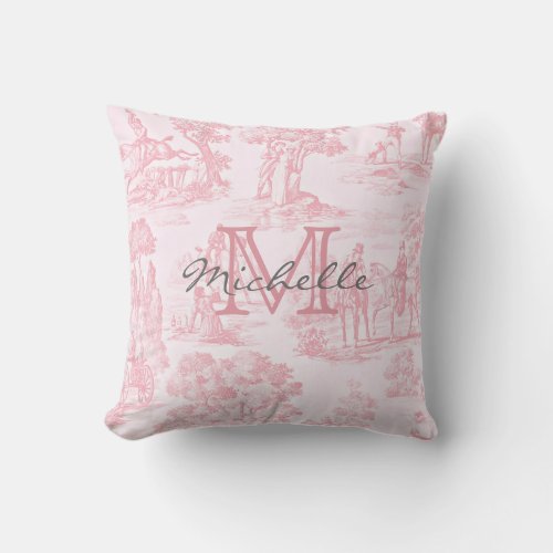 Pink French Toile Monogram Initial Name Throw Pillow