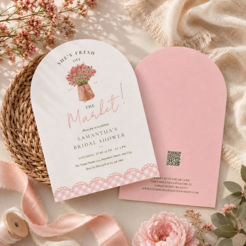 Pink fresh off the market arch bridal shower invitation