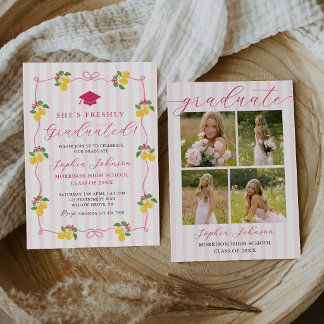 Pink Freshly Lemon Citrus Graduation Party Invitation