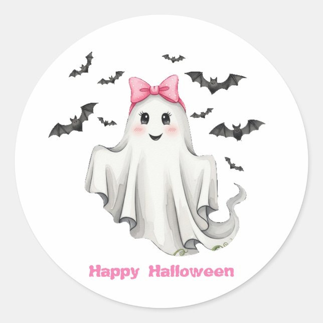 Pink Friendly Girl Ghost with Bats Flying  Classic Round Sticker (Front)