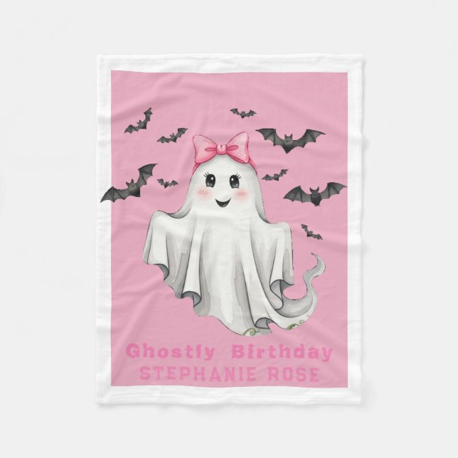 Pink Friendly Girl Ghost with Bats Flying Gift Fleece Blanket (Front)