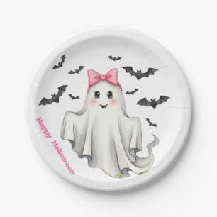 Pink Friendly Girl Ghost with Bats Flying Paper Plates