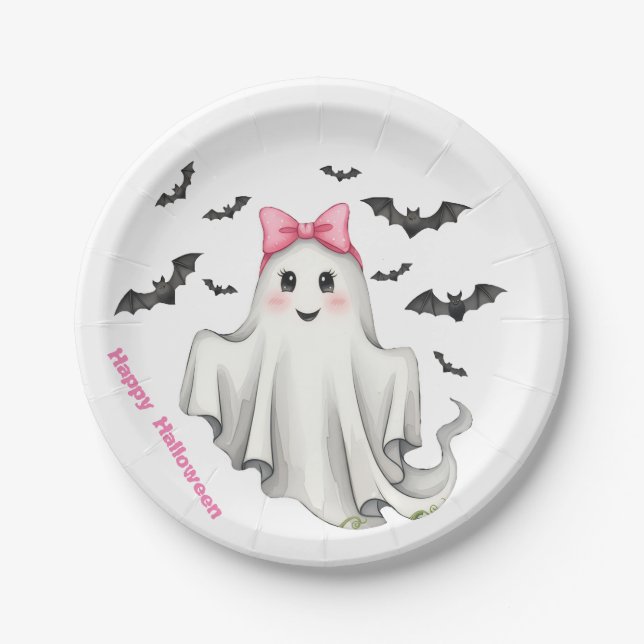 Pink Friendly Girl Ghost with Bats Flying  Paper Plates (Front)
