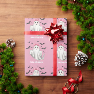 Pink Friendly Girl Ghost with Bats Flying Wrapping Paper